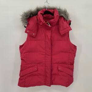 Talbots Womens Large Down Puffer Vest Removable Faux Fur Hood Pink Snap Pockets